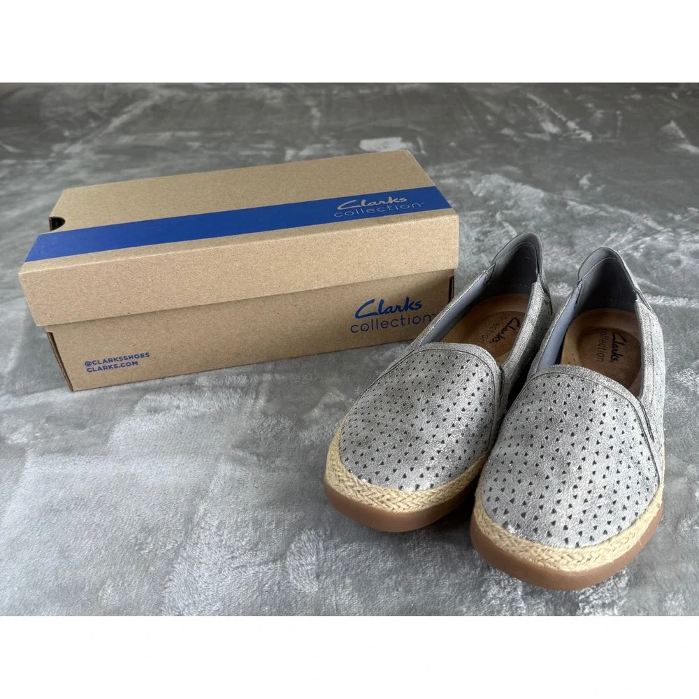 Clarks Elaina Ruby Pewter Metallic Perforated Espadrille Slip On Loafers 6M